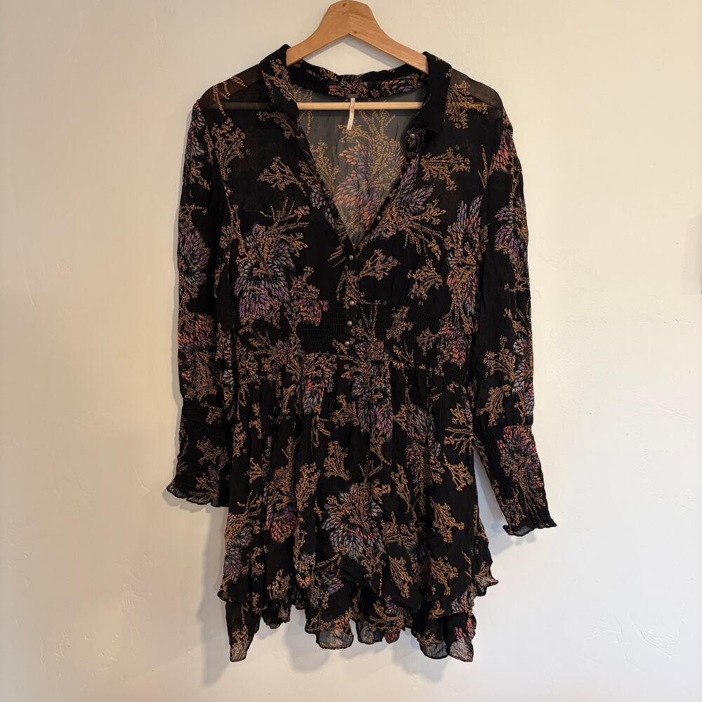 Free People Babydoll Mini Dress Floral Chiffon Long Sleeve Womens Size L Boho